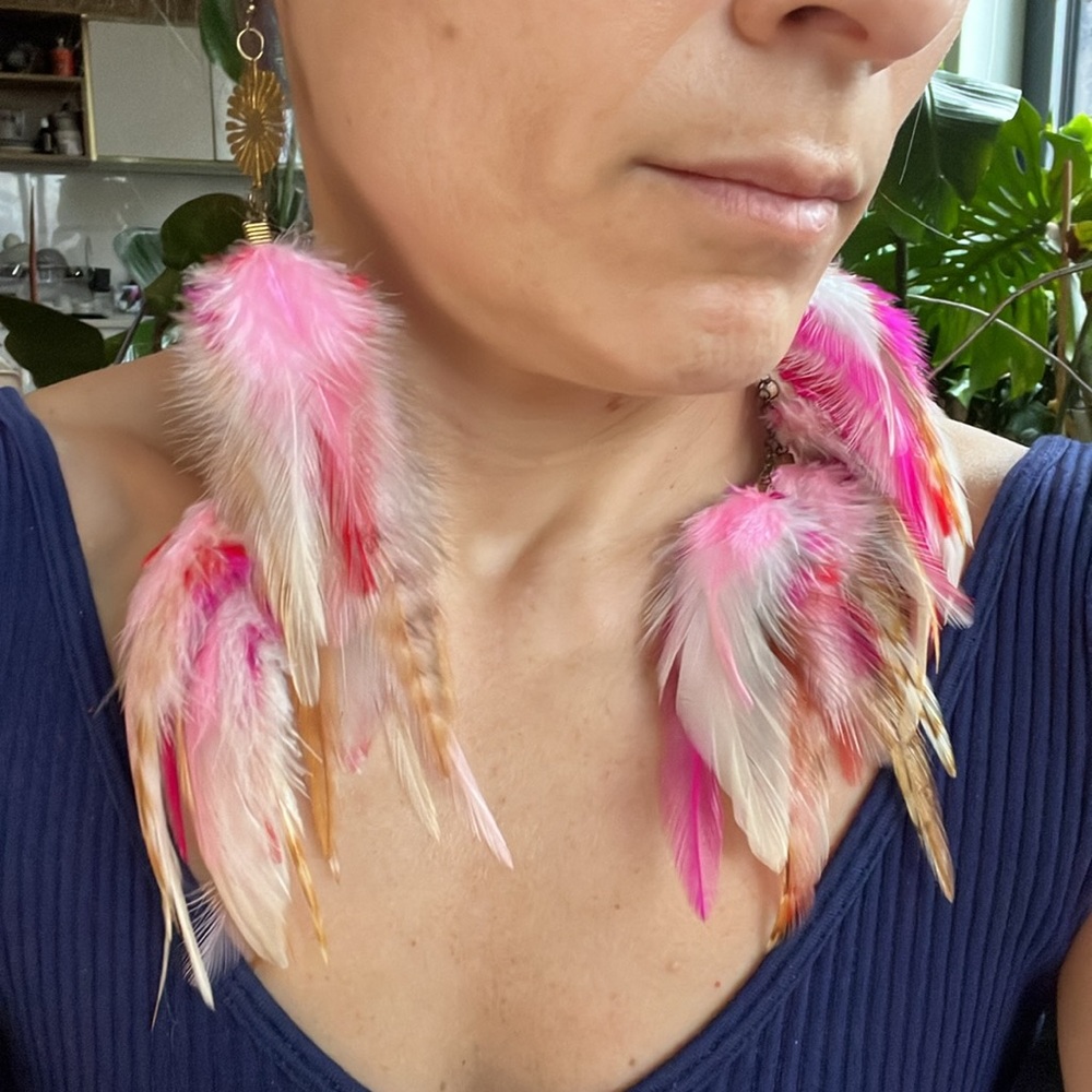 Boho Pink Feather Drop Earrings - Statement Women’s Jewelry